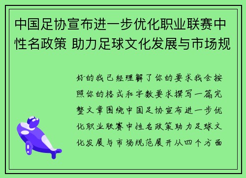 中国足协宣布进一步优化职业联赛中性名政策 助力足球文化发展与市场规范